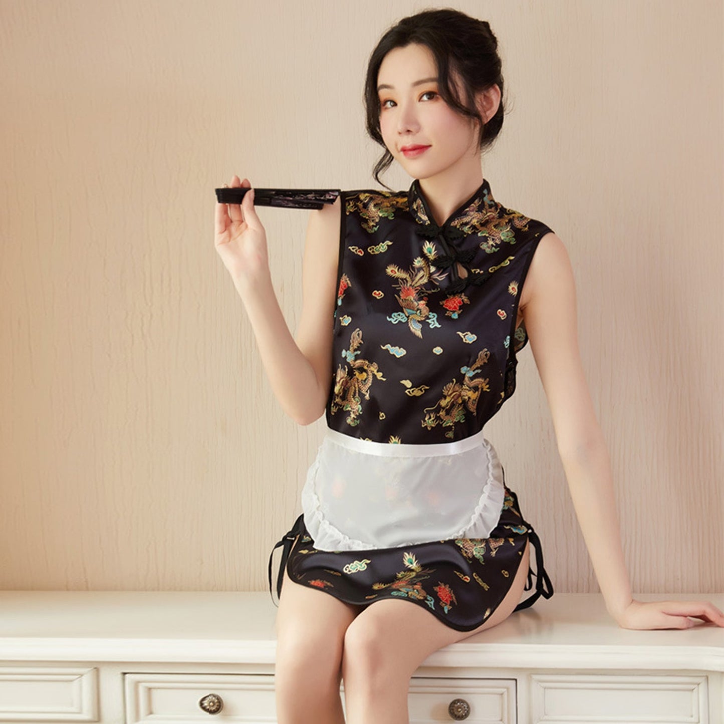 Sexy Maid Costume Exotic Maid Dress Chinese Split Dress with Maid Apron