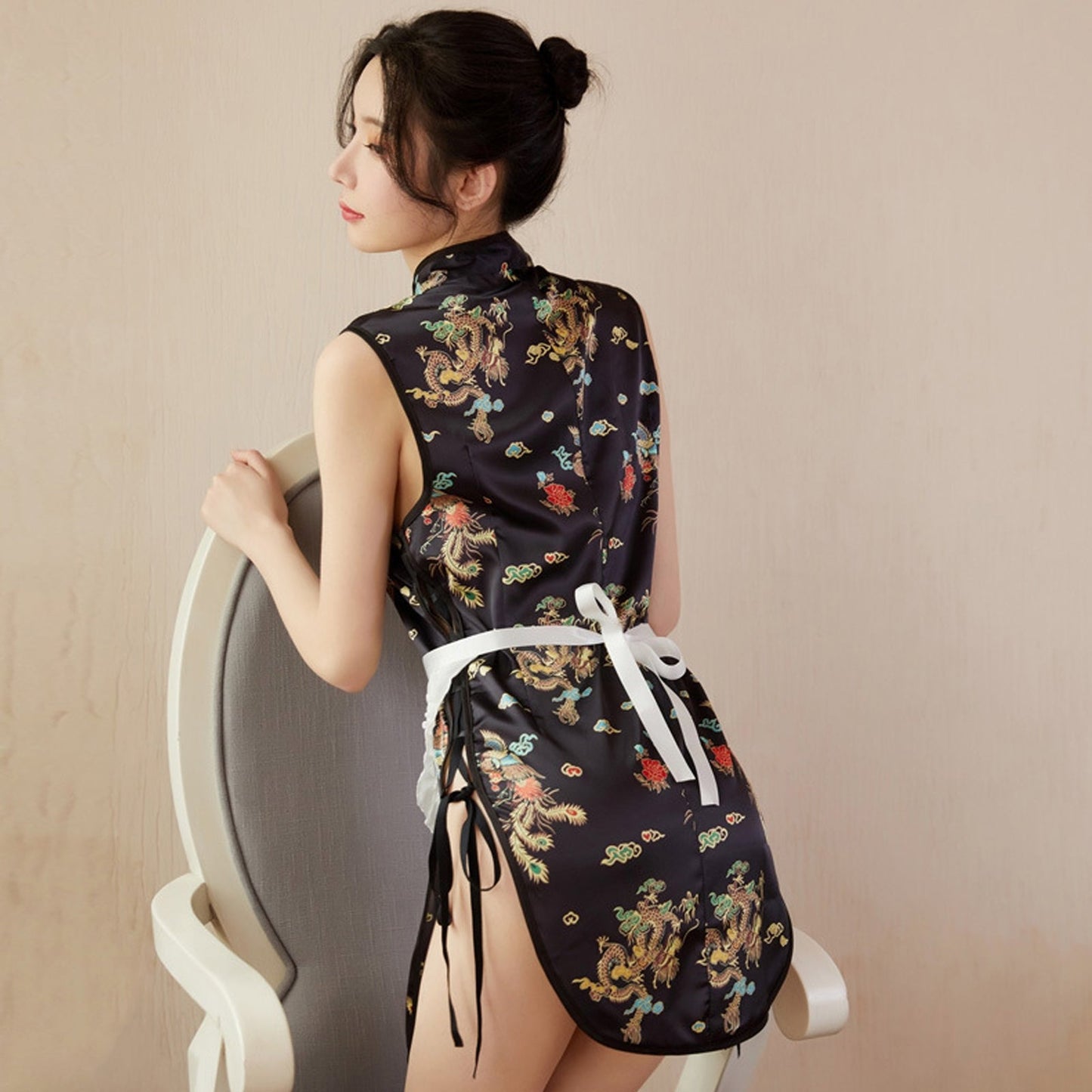 Sexy Maid Costume Exotic Maid Dress Chinese Split Dress with Maid Apron