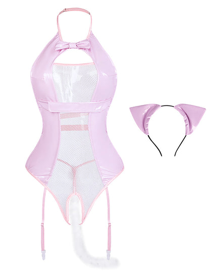 Wet Look Cat Crotchless Bodysuit