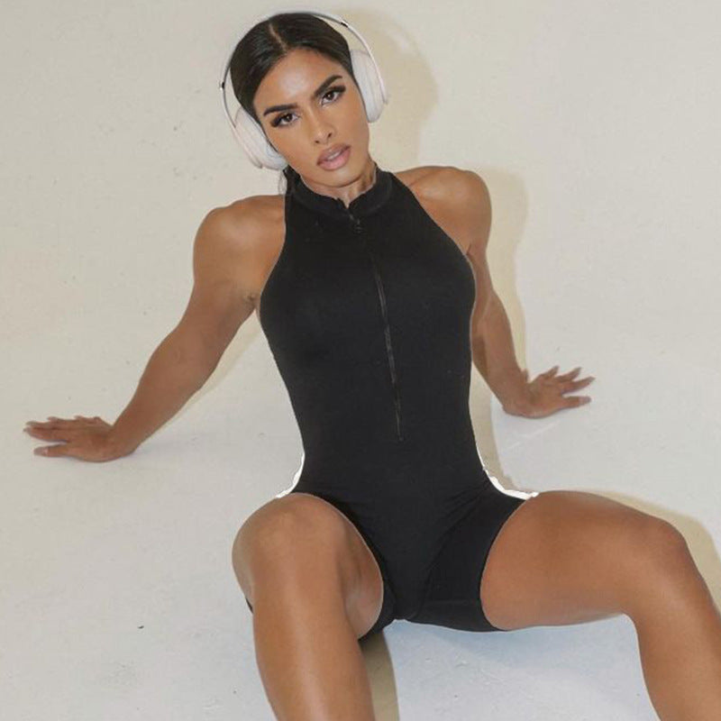 Women's Black And White Multi-colored Half-turtleneck Sleeveless Zipper One-piece Shorts