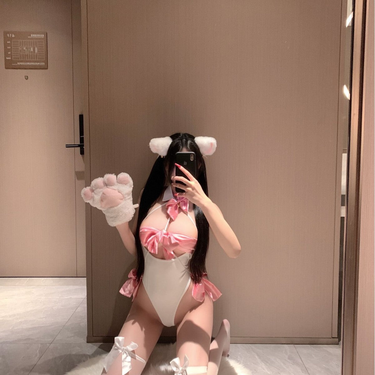 White Pink Bow Cat Girl Bodysuit