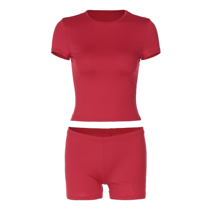 Solid Color Short Sleeve Top Casual Shorts Suit