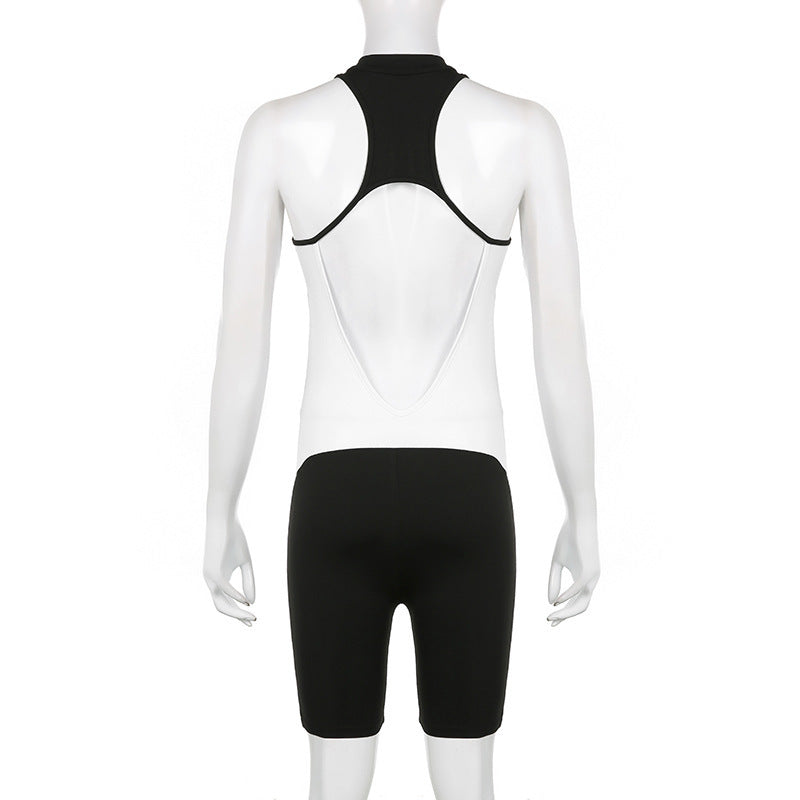 Women's Black And White Multi-colored Half-turtleneck Sleeveless Zipper One-piece Shorts