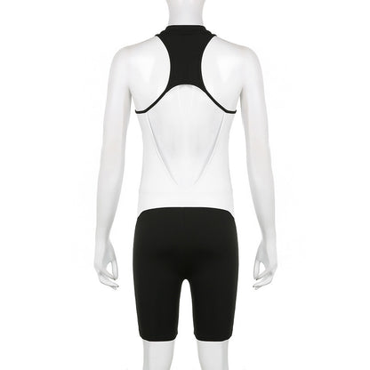 Women's Black And White Multi-colored Half-turtleneck Sleeveless Zipper One-piece Shorts