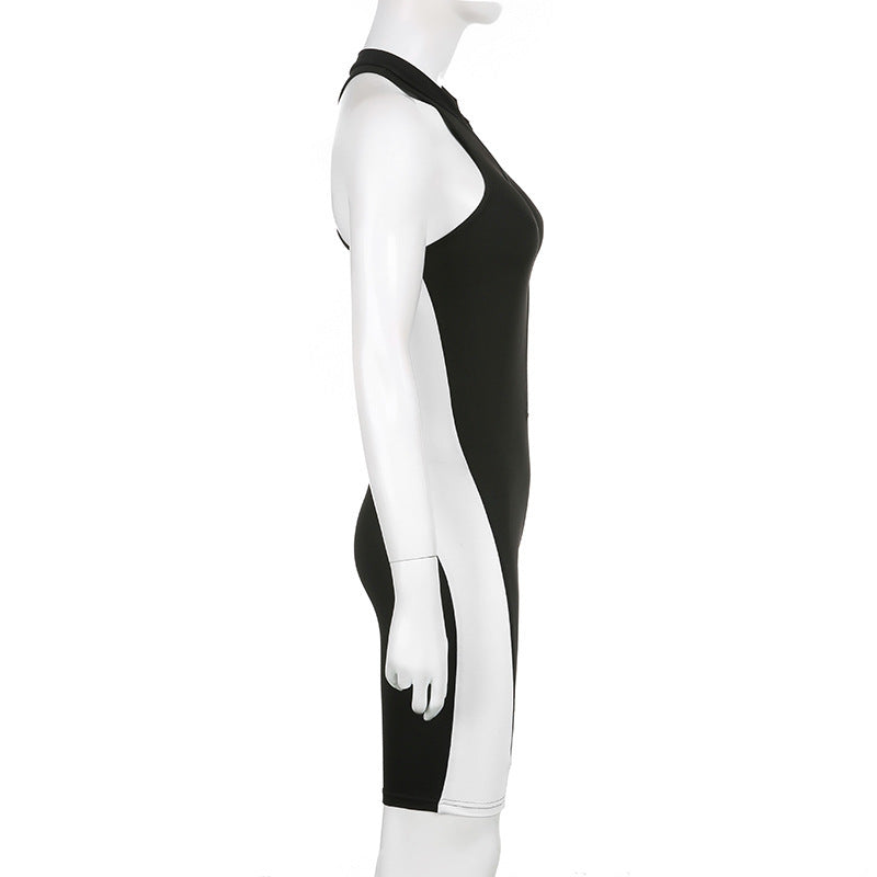 Women's Black And White Multi-colored Half-turtleneck Sleeveless Zipper One-piece Shorts
