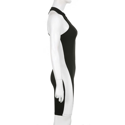 Women's Black And White Multi-colored Half-turtleneck Sleeveless Zipper One-piece Shorts