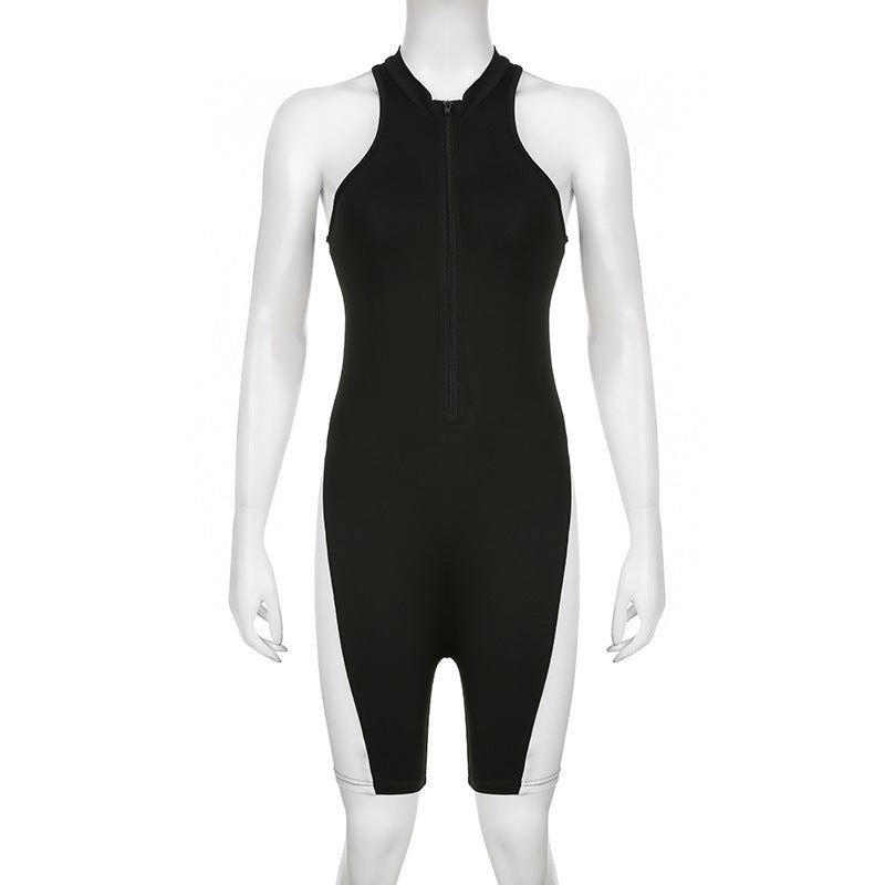 Women's Black And White Multi-colored Half-turtleneck Sleeveless Zipper One-piece Shorts