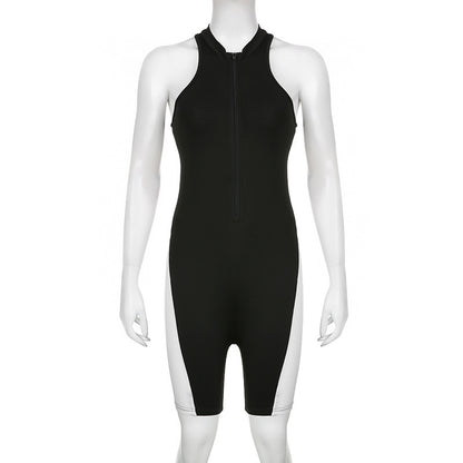 Women's Black And White Multi-colored Half-turtleneck Sleeveless Zipper One-piece Shorts