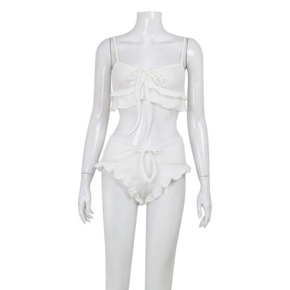 Women's Pure White Suspender Underwear Ruffled Shorts Suit