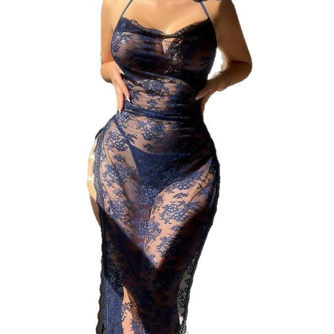 Navy Sheer Lace Maxi Dress