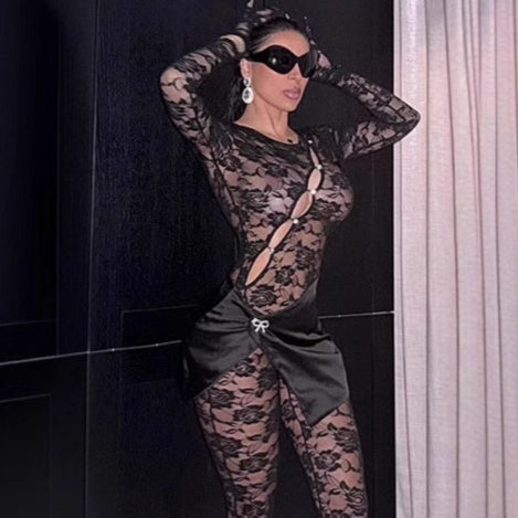 Sexy Cutout See-through Round Neck Long Sleeve Lace Tight Apron One-piece Suit