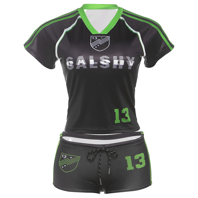 Fashion Casual Printing Round Neck Short Sleeve T-shirt Drawstring Super Short Shorts Suit