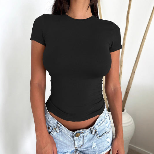 European And American Sexy Hot Girl Slim-fit Slimming Solid Color Short Sleeve