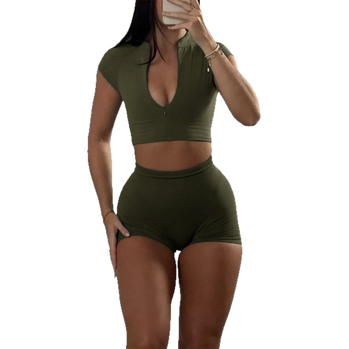 Sports Zipper Short-sleeved Shorts Two-piece Suit