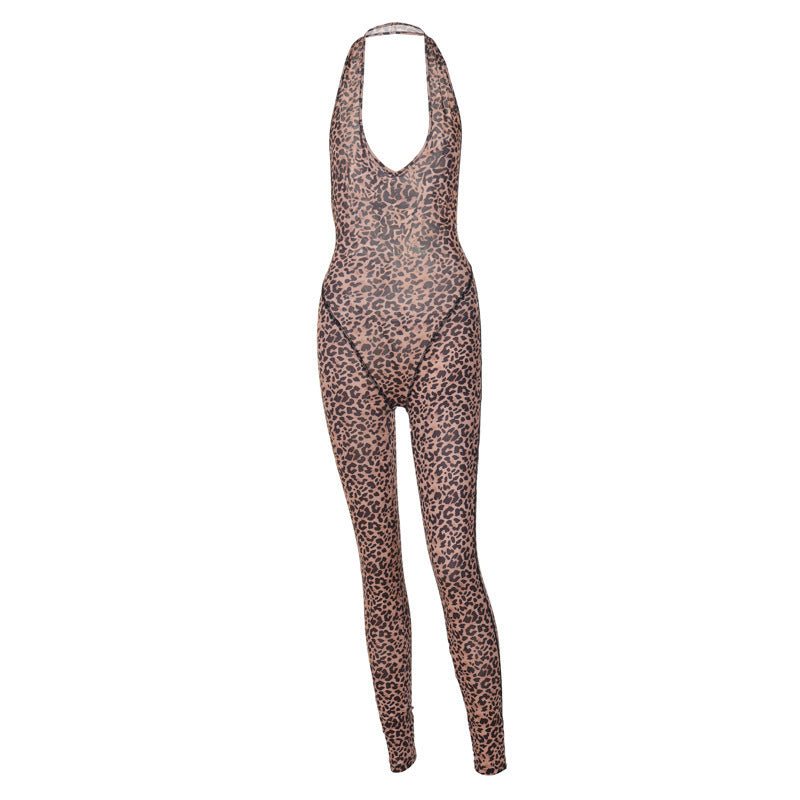 European And American Leopard Print Printed Sexy V-neck Backless Slim Fit Halter Jumpsuit