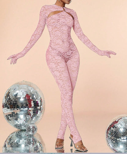 Sexy Cutout See-through Round Neck Long Sleeve Lace Tight Apron One-piece Suit