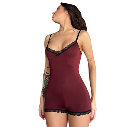 Women's Deep V Lace Lace Spaghetti-strap Tight One-piece Shorts