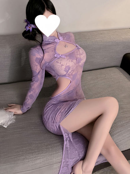 Purple Floral Lace Slit Cheongsam