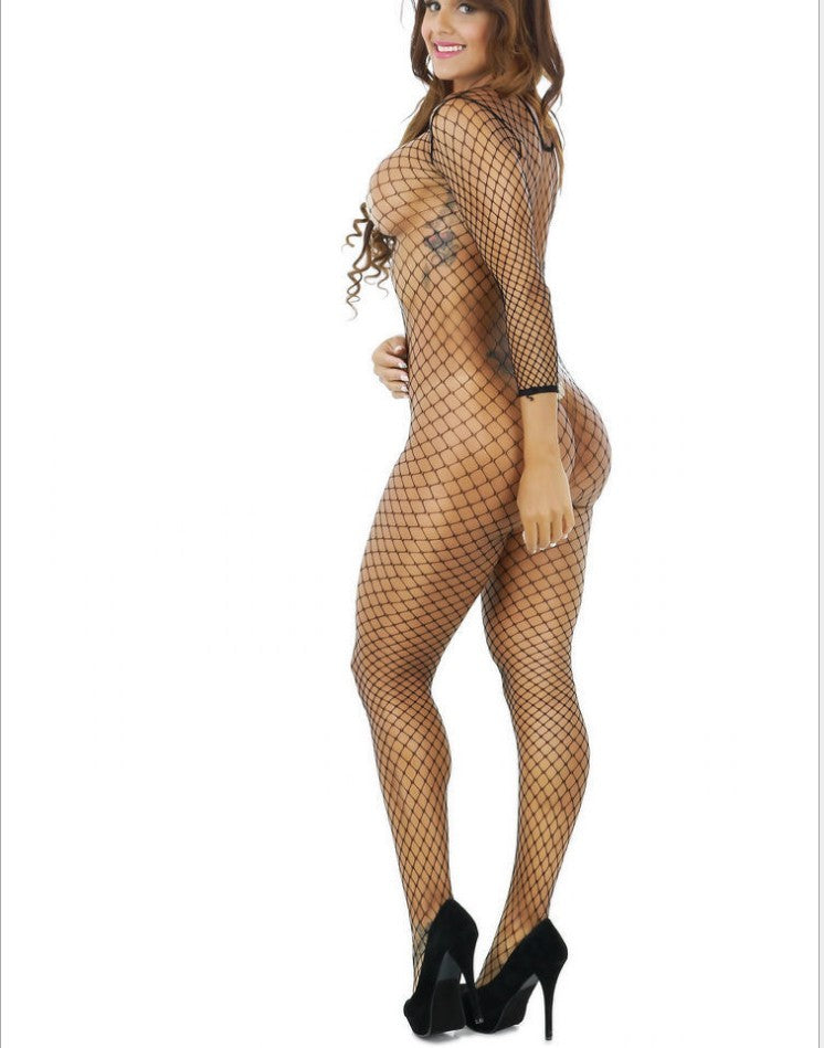 Black Wide Net Long Sleeve Bodysuit