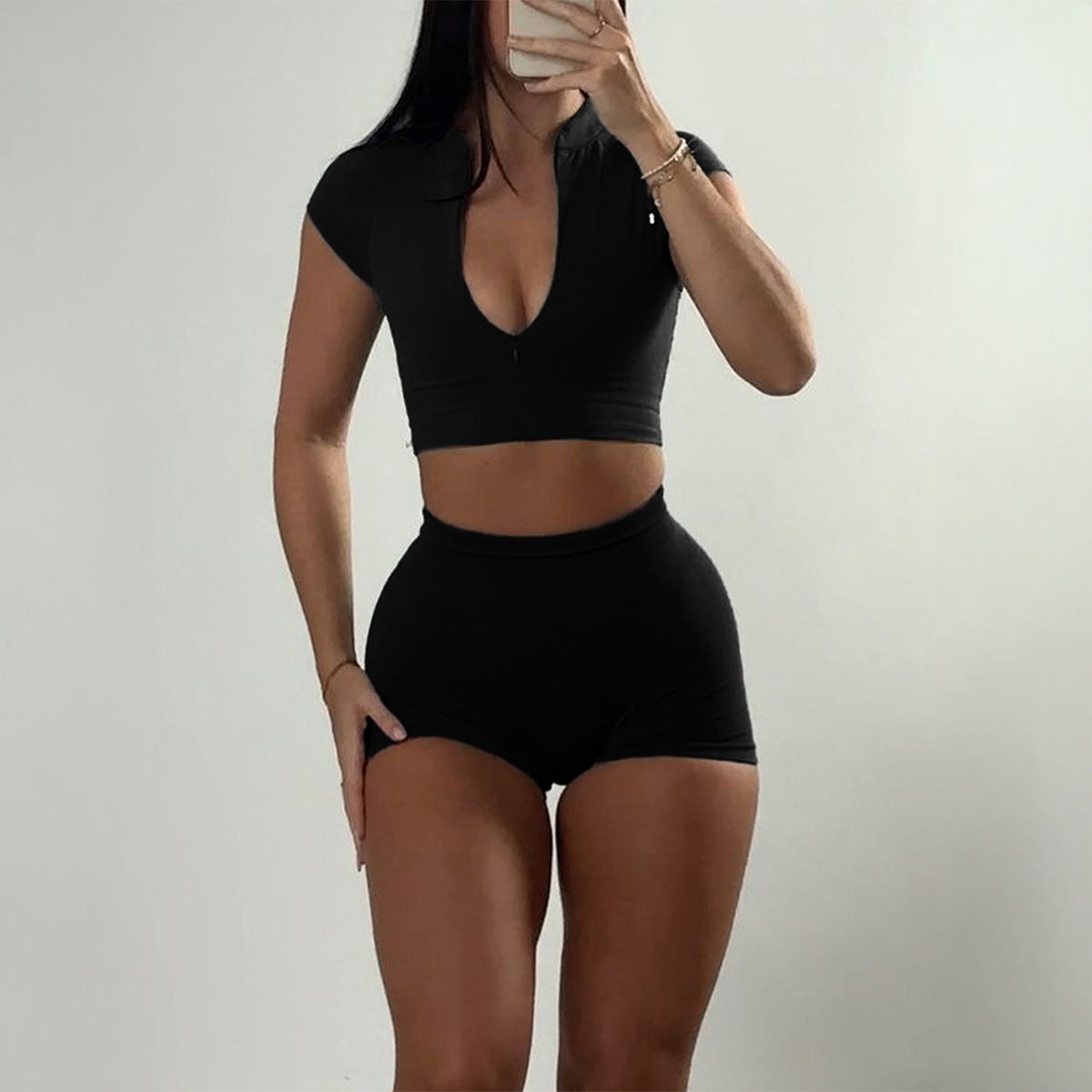 Sports Zipper Short-sleeved Shorts Two-piece Suit