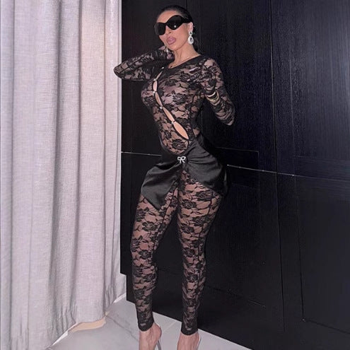 Sexy Cutout See-through Round Neck Long Sleeve Lace Tight Apron One-piece Suit