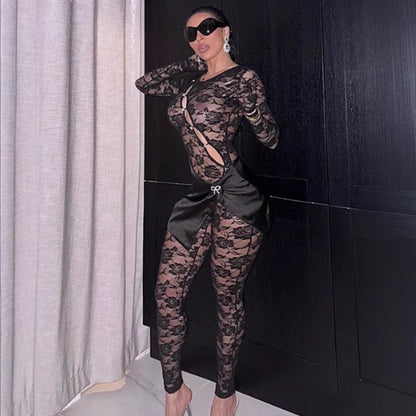 Sexy Cutout See-through Round Neck Long Sleeve Lace Tight Apron One-piece Suit