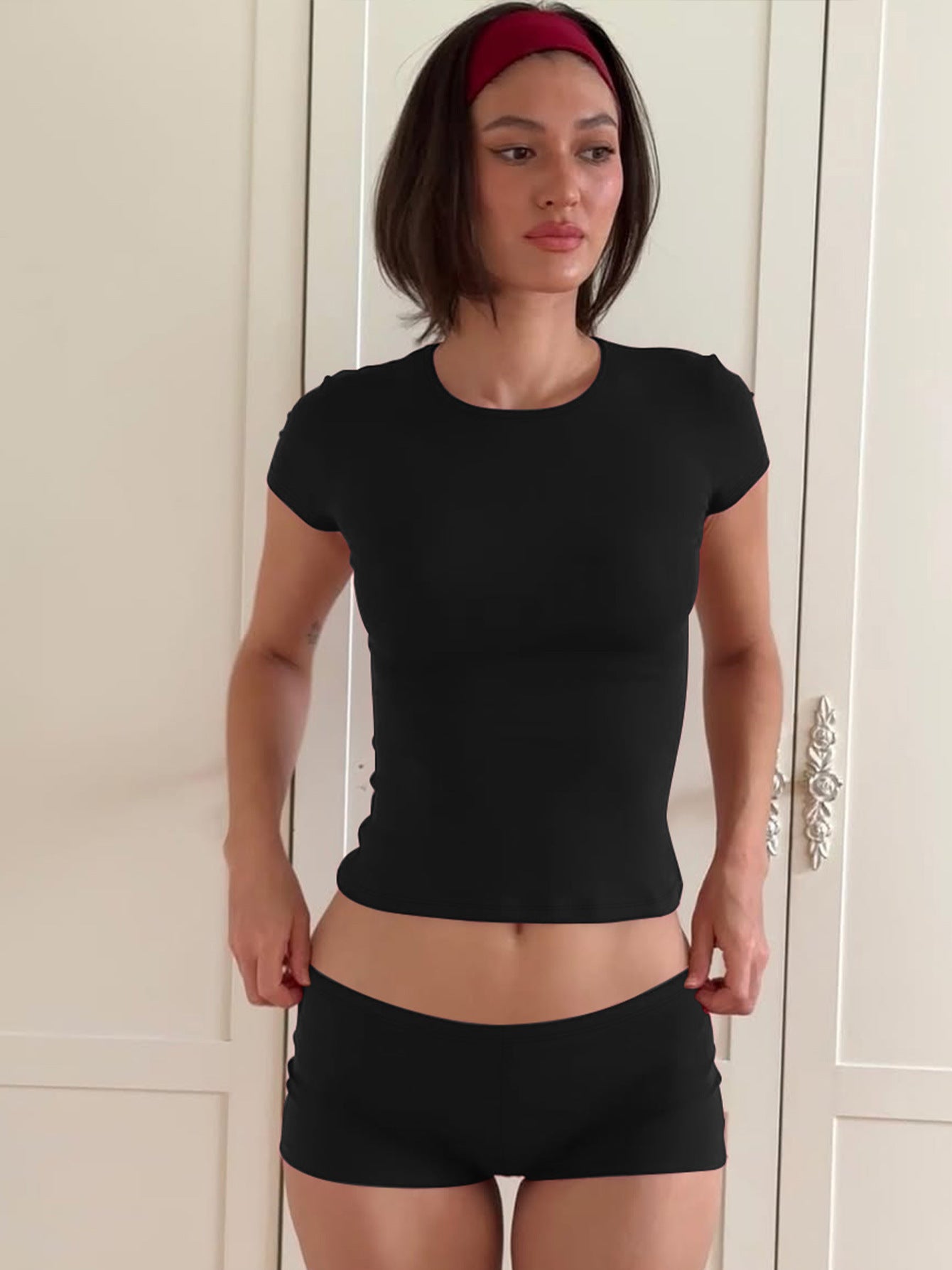 Solid Color Short Sleeve Top Casual Shorts Suit