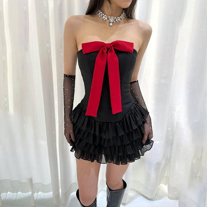 Sexy Bow Wipe Vest Stitching Lotus Leaf Skirt Outfit