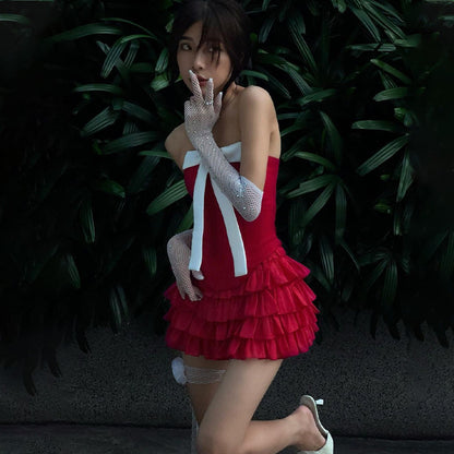 Sexy Bow Wipe Vest Stitching Lotus Leaf Skirt Outfit