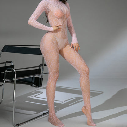 Sexy Lingerie Sexy Fishnet One-piece Long Sleeves Backless Jacquard