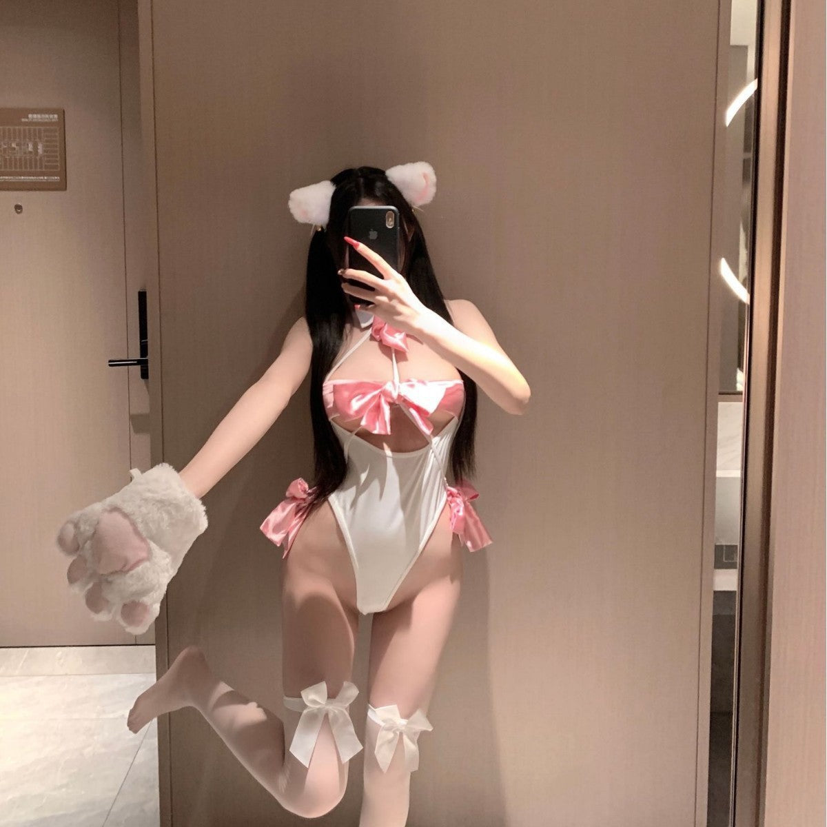 White Pink Bow Cat Girl Bodysuit