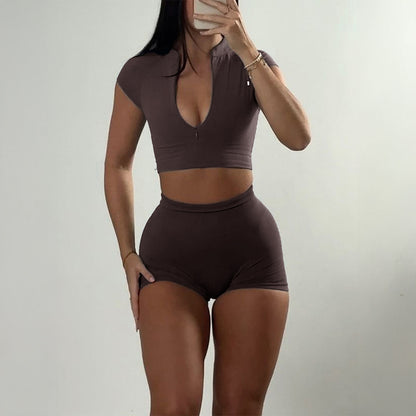 Sports Zipper Short-sleeved Shorts Two-piece Suit