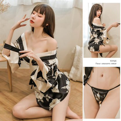 Japanese Women's Kimono Dress Sweet Floral Print Bathrobe Yukata Uniform Cosplay Costume
