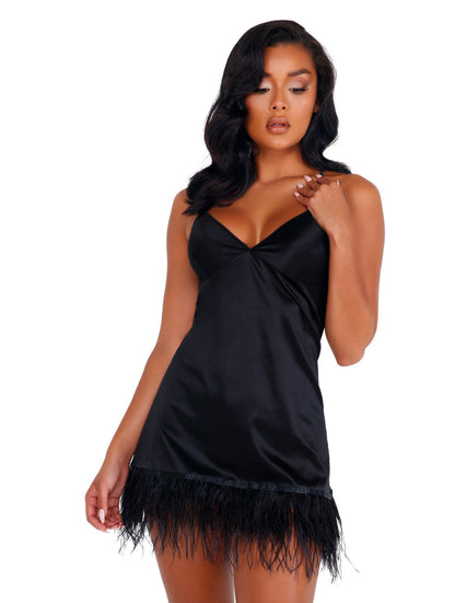 LI400 - Soft Satin Chemise with Ostrich Feathered Trim