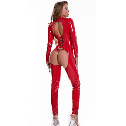 Plus Size PVC Catsuit Latex Open Crotch Jumpsuit One Piece Zipper Full Body Suit