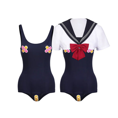 Japanese Anime Sailor Style Two-Piece Uniform Swimsuit Set with Bandage Design