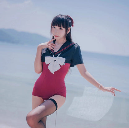 Japanese Anime Sailor Style Two-Piece Uniform Swimsuit Set with Bandage Design