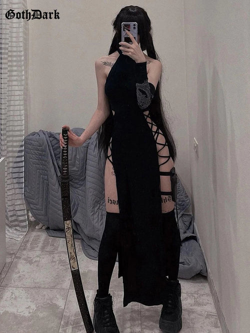 Gothic high split bandage midi dress
