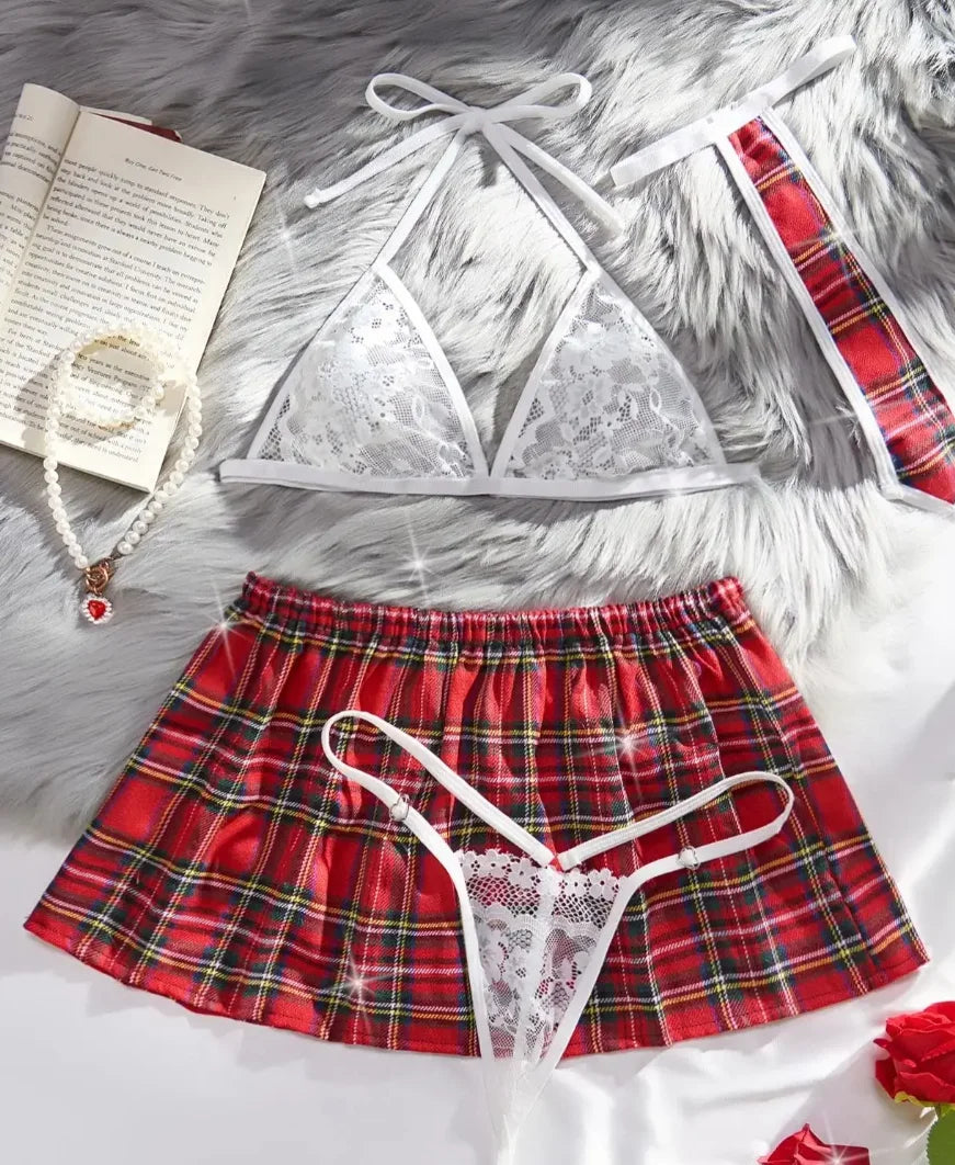 Plaid Schoolgirl Lace Set