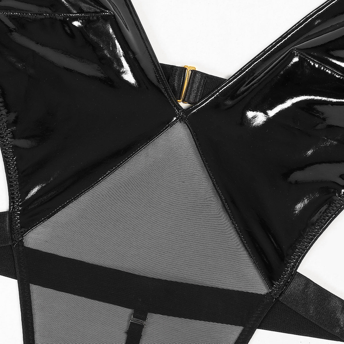 Fabric Leather Splicing Mesh Sexy Deep V Backless See-through Sexy Jumpsuit