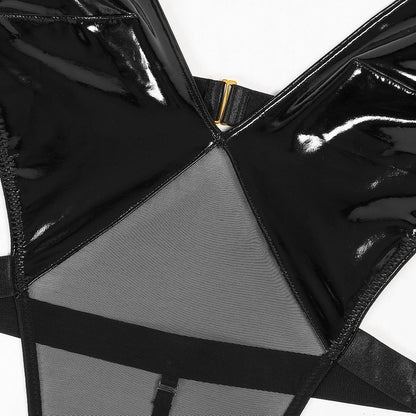 Fabric Leather Splicing Mesh Sexy Deep V Backless See-through Sexy Jumpsuit