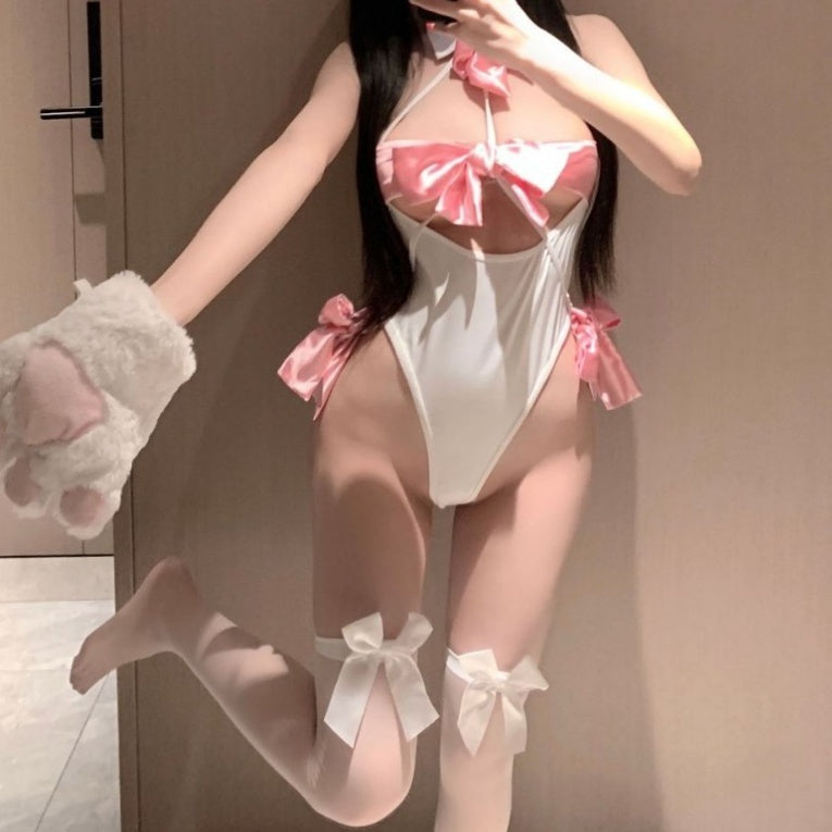 White Pink Bow Cat Girl Bodysuit