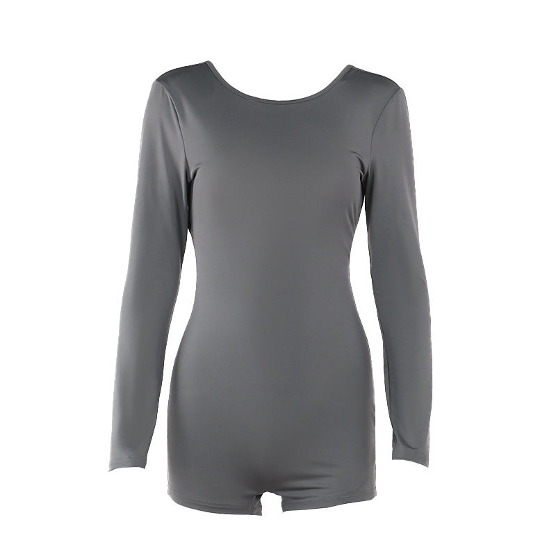 Slim Fit Backless Long Sleeve Shorts Jumpsuit For Women