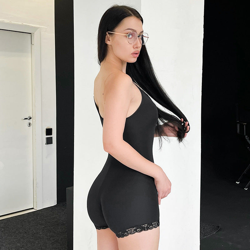 Women's Deep V Lace Lace Spaghetti-strap Tight One-piece Shorts