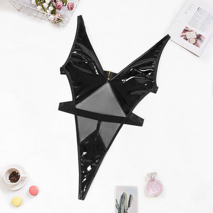 Fabric Leather Splicing Mesh Sexy Deep V Backless See-through Sexy Jumpsuit