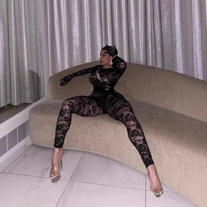 Sexy Cutout See-through Round Neck Long Sleeve Lace Tight Apron One-piece Suit