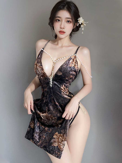 Floral Velvet Cheongsam Dress
