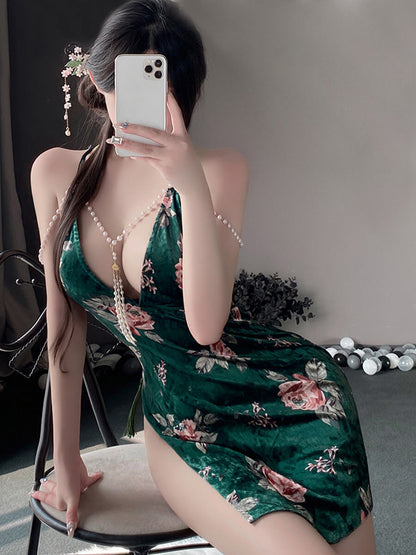 Floral Velvet Cheongsam Dress