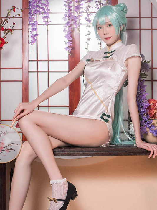 Chinese Cheongsam Dress White Side Slit Tradition Anime Cosplay Costume
