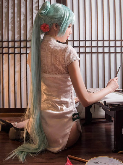 Chinese Cheongsam Dress White Side Slit Tradition Anime Cosplay Costume
